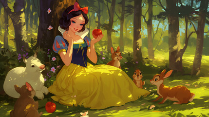 Illustration of Snow White in the woods with the woodland animals - fairy tale character - Generative AI