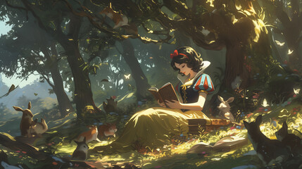 Illustration of Snow White in the woods with the woodland animals - fairy tale character - Generative AI
