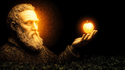 Isaac newton illuminated, catching a glowing apple in mesh stylised illustration representing the fabric of space and time. Gravity lightbulb moment concept