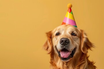 A Golden Retriever Dog In A Birthday Cap, Celebrating In A Studio With Joy
