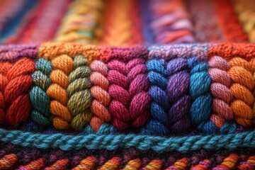 vibrant macro shot of intricately woven textile rainbow hues complex patterns visible fibers rich textures artisanal craftsmanship