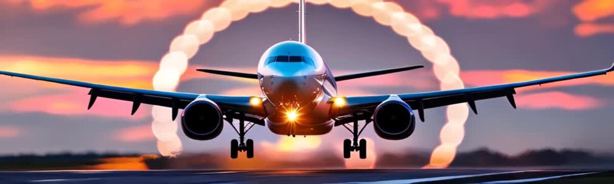 A commercial airplane is landing or taking off on a runway during sunset. Travel and vacation concept. Copy space web site banner, slow motion