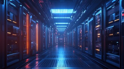 A futuristic data center with servers protected by digital locks, representing the secure infrastructure of cloud computing.