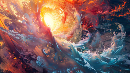 Surreal Galaxy with Bright Sun and Celestial Waves