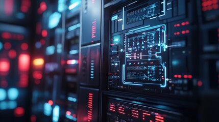 Obraz premium A futuristic network switch with holographic interfaces and digital readouts, symbolizing advanced network management.