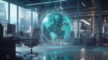 A futuristic office with a holographic globe surrounded by network lines, symbolizing global business connectivity through network technology.