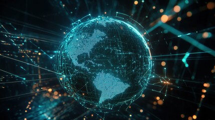 A holographic globe surrounded by glowing network lines, symbolizing the worldwide impact of network technology.