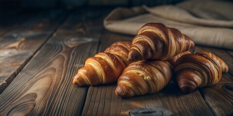 Rustic croissants stacked on wooden table in warm light