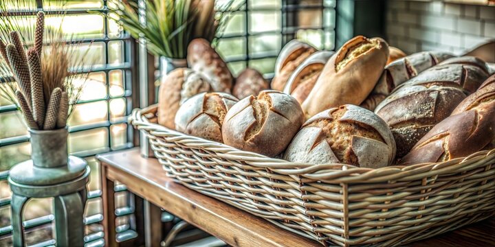 Variety of bread in a basket near window in a bakery