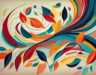 Abstract Wind and Leaves Sweeping Lines and Scattered Leaf Shapes in Motion