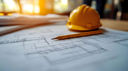 A construction helmet and pencil on architectural blueprints in a workspace.