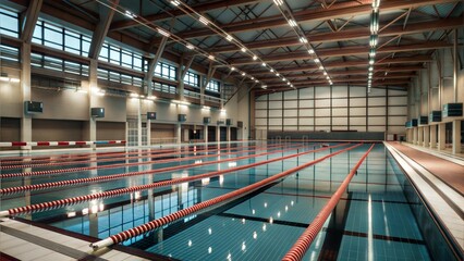 Empty indoor swimming pool with lane markers and natural light