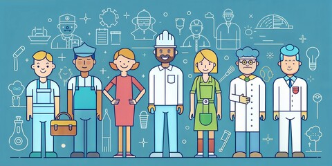 Diverse professions illustrated in a colorful, minimalist style