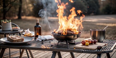 Barbecue grill with wine on a lakeside picnic table