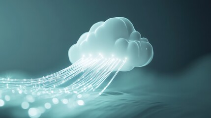 A white cloud symbol emerging from a white network cable, with glowing light trails representing data flow in cloud technology. The background is minimalistic.