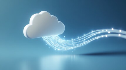 A white cloud symbol emerging from a white network cable, with glowing light trails representing data flow in cloud technology. The background is minimalistic.