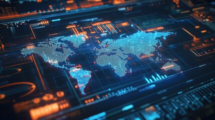 Fototapeta premium a world map hologram displaying geopolitical data and economic indicators.