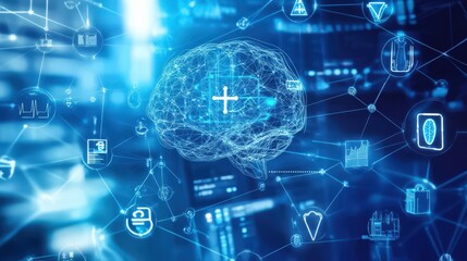 Fototapeta premium Abstract image of neural networks overlaid with medical technology icons, representing AI in healthcare