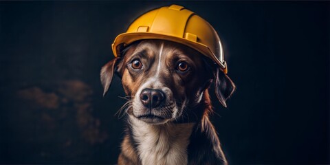 Close-up of a dog wearing a yellow hard hat on a dark background