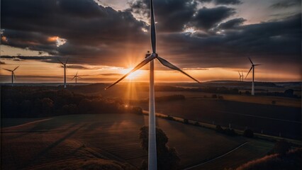 Wind turbines in a field during a dramatic sunset