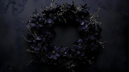 A dark floral wreath against a textured black background.
