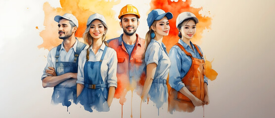 Group of workman in watercolor style, ethnic diversity, multiracial, indian, black, white, asian, arab, persian. Diversity, equity, inclusion, belonging. DEIB