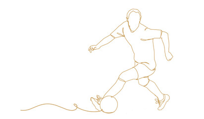 continuous line drawing of soccer player shooting vector illustration. Single one line art of young man playing soccer ball template.