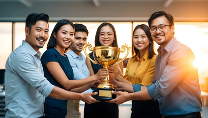 Happy worker team in office holding a golden trophy to celebrate succession of a big project with a sunset light effect background.
