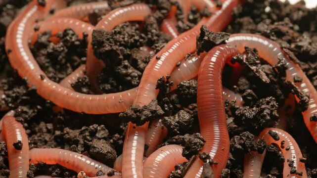 Earthworms in the compost soil. Crawling earthworms or night crawler at dark black ground macro close-up. Earth worm live bait for fishing. Lure for fishing such as bass, salmon, bluegill.