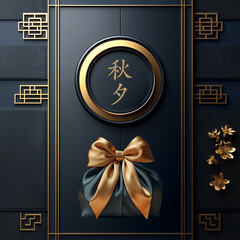 Chuseok, Korean traditional holiday golden template with a dark navy color, decorated with golden flowers and geometric patterns, an elegant and luxurious feel, for the Asian Mid Autumn festival