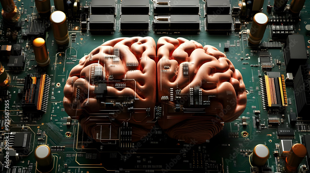 Canvas Prints A digital brain model integrated with a circuit board, symbolizing technology and intelligence.