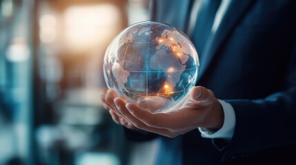 Fototapeta premium businessman hands holding glowing globe glass Scene with business person working futuristic office job,closeup,globe blass is simbol.