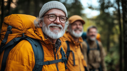 Obraz premium A group of elderly friends going for a hike in the woods, enjoying the exercise and the beauty of nature.