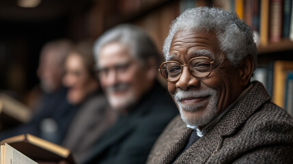 A group of elderly people participating in a book club, discussing their favorite books and sharing their thoughts.