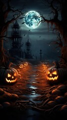Halloween night scene with glowing jack-o'-lanterns and creepy haunted house under full moon in eerie atmosphere