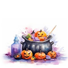  Watercolor Halloween scene with carved pumpkins in cauldron, ideal for festive decoration.