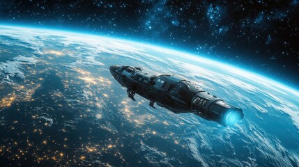 Fototapeta premium Colony ship departing from Earth, with the blue planet in the background and the vastness of space ahead