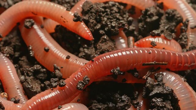 Earthworms in the compost soil. Crawling earthworms or night crawler at dark black ground macro close-up. Earth worm live bait for fishing. Lure for fishing such as bass, salmon, bluegill.