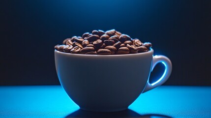 White cup with roasted coffee beans inside. a blue backlight