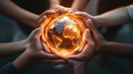 Diverse hands together supporting a glowing glass globe, showcasing multicultural unity and the...