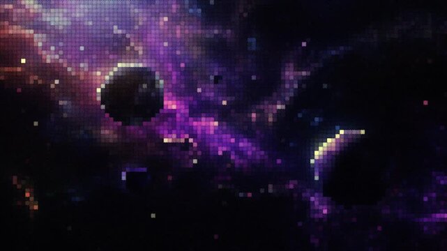 Motion pixel art with lines. Whimsical space scene with cute purple planets.