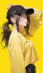 A beautiful woman wearing casual clothing looking straight at the camera for a photoshoot in a minimalistic yellow background, anime artwork, professional photography 