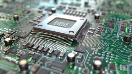 Fototapeta premium Close-up of a Microchip on a Green Circuit Board