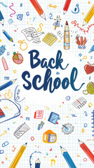 Checkered paper background with doodles, pencils, books, and "BACK TO SCHOOL" text, flat vector style..