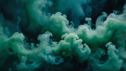 Green themed smoke with black background, different hues of green abstract background, mist fog illustration