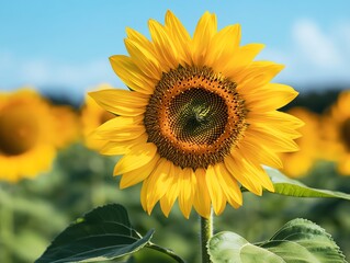 A vibrant sunflower stands tall against a clear blue sky, showcasing its bright yellow petals and intricate center.