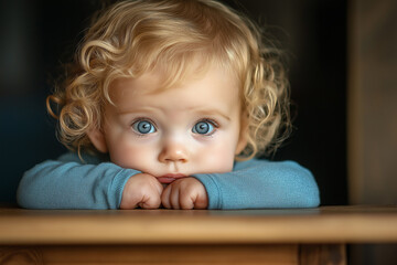 Adorable blonde baby with curly hair and bright blue eyes resting their head on folded arms, conveying innocence and curiosity in a close-up shot with soft lighting.