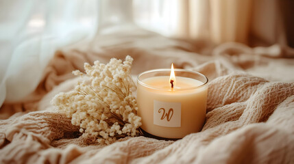 A lit candle beside dried flowers on a cozy blanket.