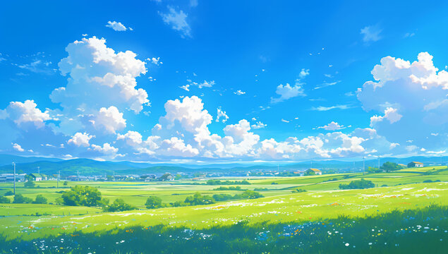 Fototapeta Green field, tree and blue sky landscape anime background
