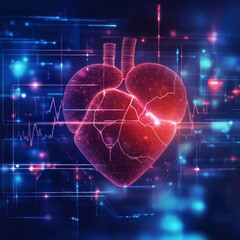 Digital human heart with holographic medical data on a blue background, the concept of technology and medicine.